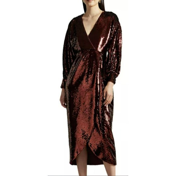 Ted Baker Sequins Burgundy Wine Emmalee Surplice Midi Dress US 6 - Picture 3 of 9